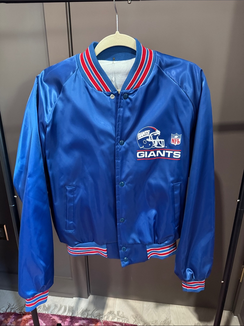 New York Giants Satin Bomber Jacket - Blue with Red & White Trim